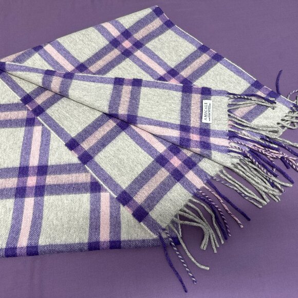 NWOT 100% Cashmere Scarf UNISEX  Plaid Gray & Purple - Picture 1 of 6